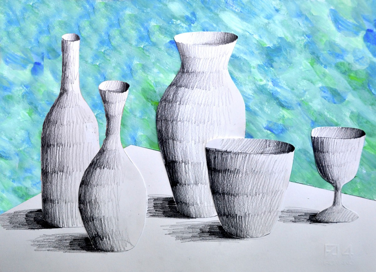 Vases in pencil on painted background – Arte a Scuola
